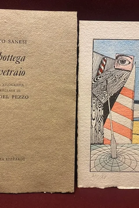 La bottega del vetraio con una xilografia acquerellata di Lucio Del Pezzo.