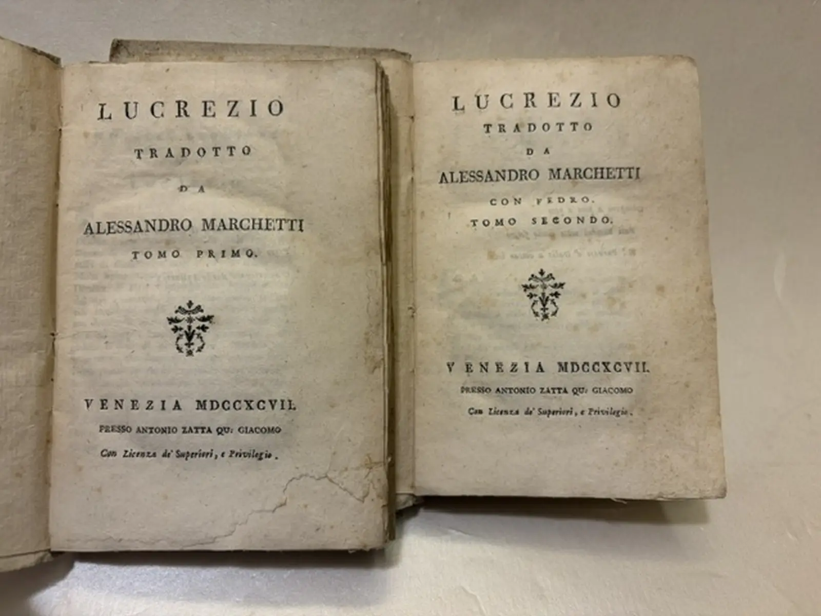 Lucrezio tradotto da Alessandro Marchetti. Della Natura delle Cose. Favole di Fedro.Tomo primo e secondo Lucrezio tradotto da Alessandro Marchetti. Della Natura delle Cose. Favole di Fedro.Tomo primo e secondo.